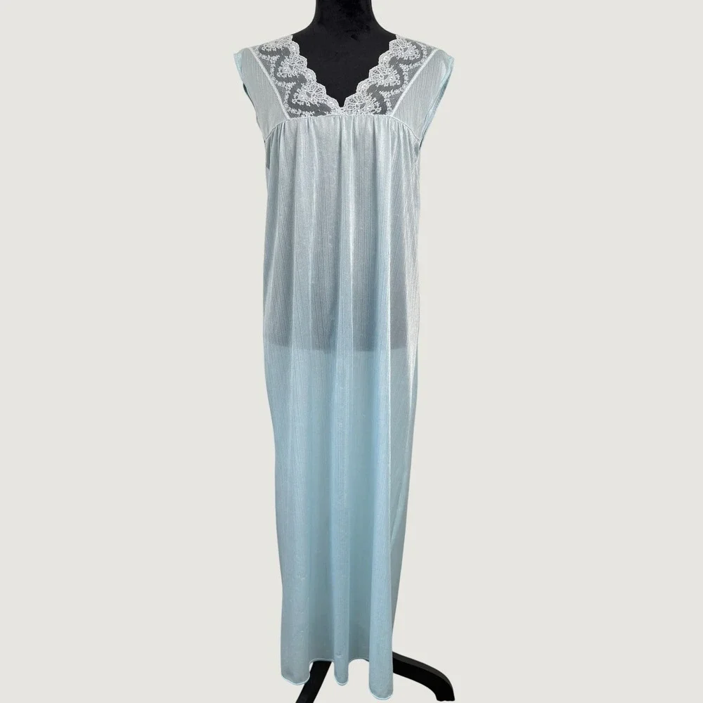 Vintage Nylon Peignoir Set Nightgown Robe Womens Medium Blue Lace Trim Ethereal